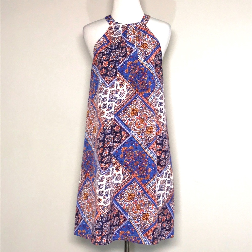 CeCe Women’s Blue & Orange Patterned Sleeveless Swing Midi Dress Size 2
